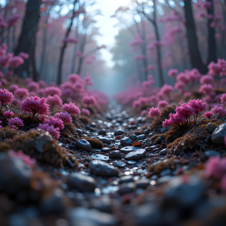 Pink rhododendron flowers in the forest at sunrise.の素材