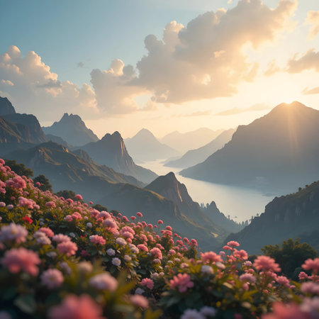 Mountain landscape with fog and flowers at sunrise. Natural background.の素材