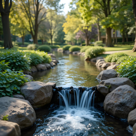 Waterfall in the park. Spring landscape with waterfall in the park.の素材
