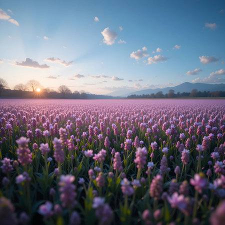 Field of blooming hyacinths at sunset in Bavaria, Germanyの素材