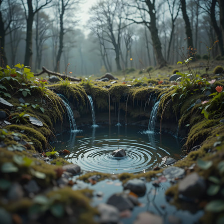 Falling water in a small pond in the forest. Autumn landscapeの素材