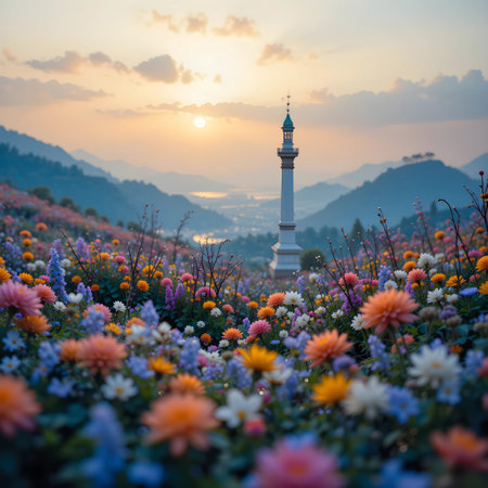 Minaret in the field of flowers in the sunset, Thailand.の素材