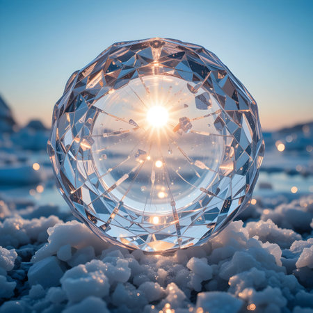 crystal ball on the background of the sun at sunset in winterの素材
