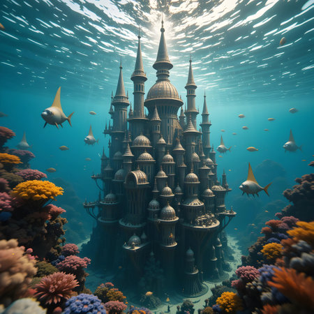 3D Illustration of a Fantasy Fantasy Castle in the Sea.の素材