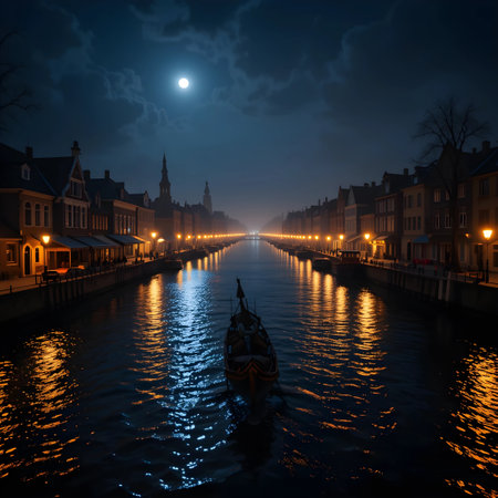 Night view of the canal in Gdansk, Poland. Old town at night.の素材