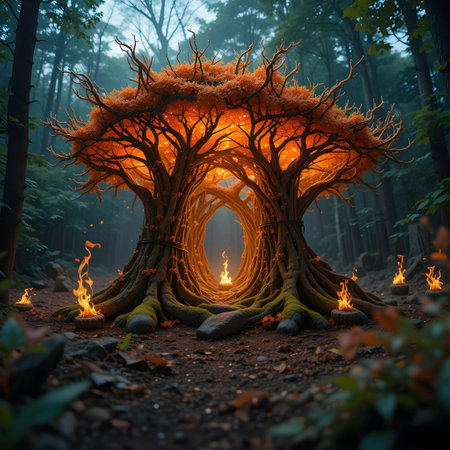 Fantasy forest with big tree and fire. 3d rendering.の素材