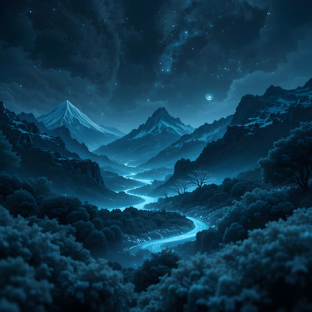Mountain landscape with forest and river at night. 3D renderingの素材