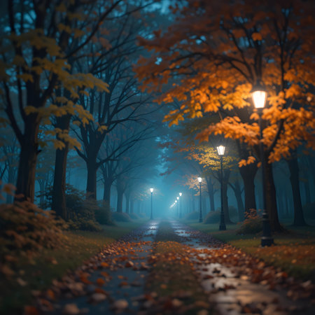 Autumn alley with lanterns in foggy forest. 3D renderingの素材