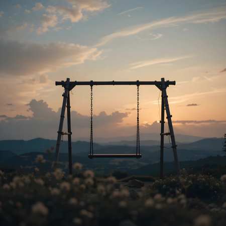 Wooden swing in the field at sunset with beautiful sky background.の素材