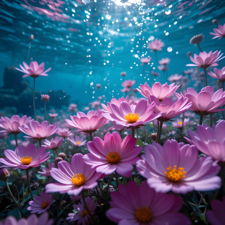 Beautiful cosmos flower in the garden with sunlight and underwater background.の素材