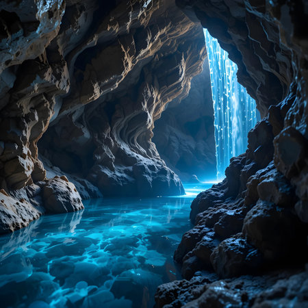 Underwater view of a cave with blue light. 3d renderingの素材