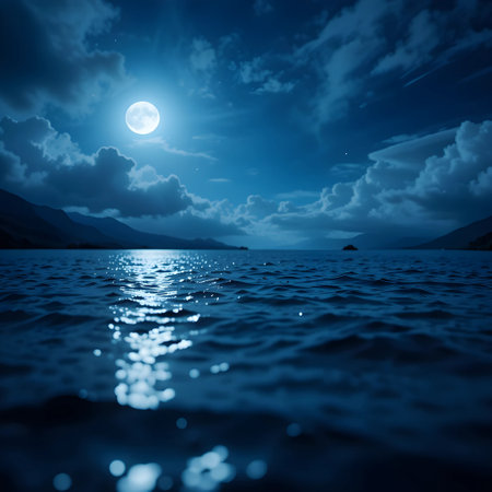 beautiful night landscape with bright full moon over the sea and mountainsの素材