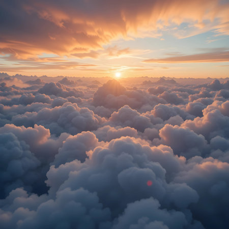 Aerial view above the clouds at sunset. 3d render illustrationの素材