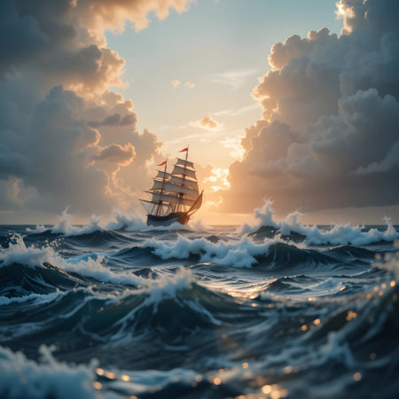 Old sailing ship in the sea at sunset. 3D Renderingの素材