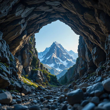 Mountain landscape with a cave in the middle. Caucasus, Russiaの素材