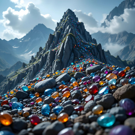 3D rendering of a fantasy mountain landscape with rocks and colorful crystalsの素材