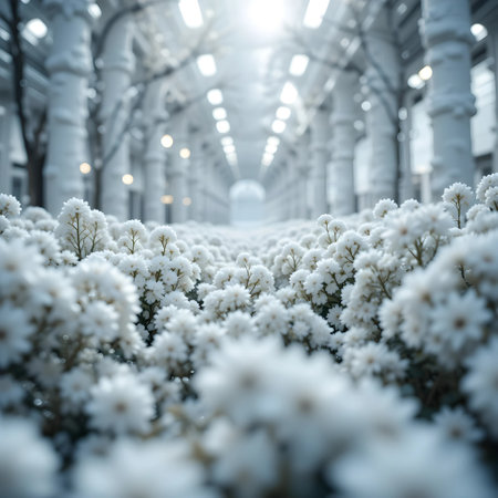 White flowers on the background of the building in the city in winterの素材