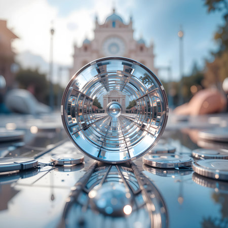 Reflection of the church in a glass ball on the background of the cityの素材