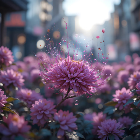 Pink chrysanthemum flowers in the city at sunset.の素材
