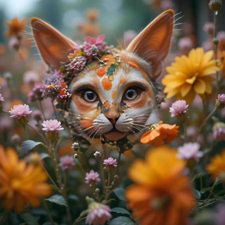 Funny cat with a floral wreath on his head among flowersの素材