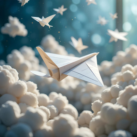 Paper airplane flying among the clouds. 3d illustration. Business conceptの素材