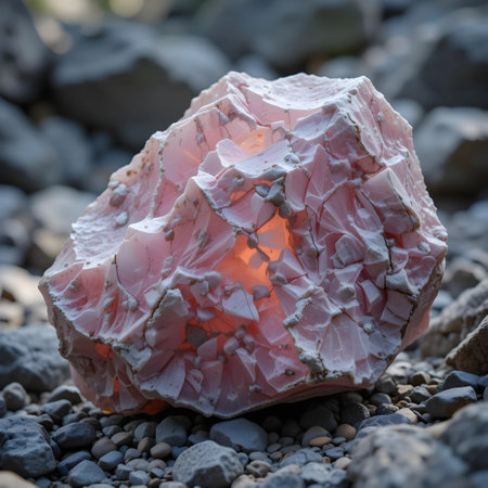 Close up view of a pink quartz crystal in the middle of a desertの素材