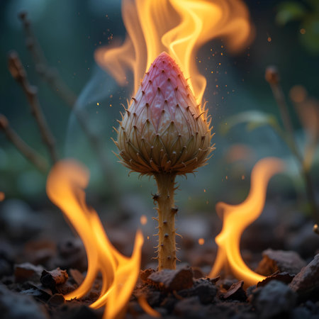 Burning protea flower on the ground with fire and smoke.の素材