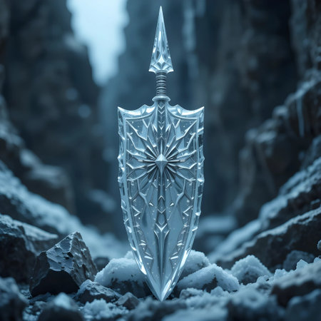 3d illustration of a crystal sword in the snow. Fantasy conceptの素材