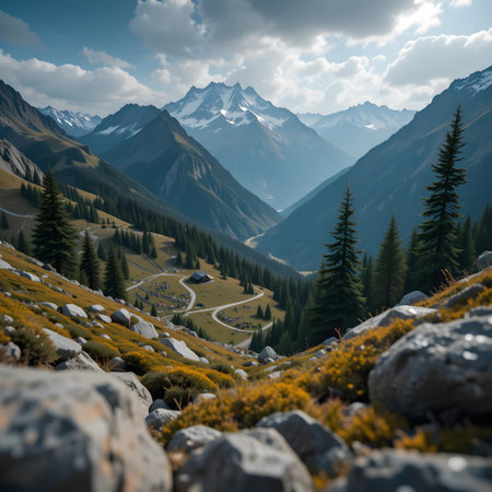 Mountain landscape with coniferous forest and high peaks in the cloudsの素材