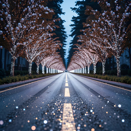 Night shot of a road with christmas lights on the trees.の素材