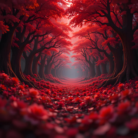 Autumn forest with red leaves and sunlight. 3D illustration.の素材
