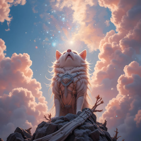 Fantasy illustration of a white cat sitting on the top of a mountain and looking up to the skyの素材