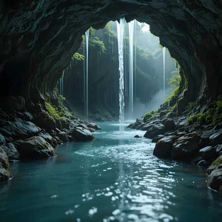 Beautiful view of a waterfall in the cave. 3d renderingの素材