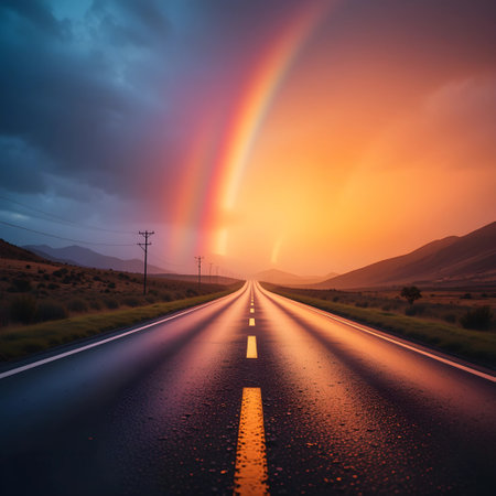 Rainbow over the road in the desert of California, USA.の素材