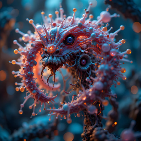 3d rendering of a fantasy alien creature with blue eyes and red eyesの素材