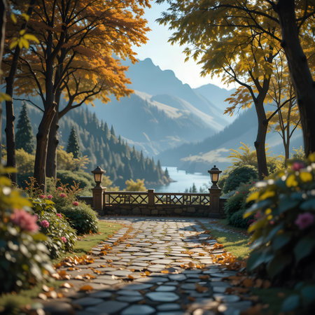 Autumn landscape with a beautiful lake and a path in the mountainsの素材