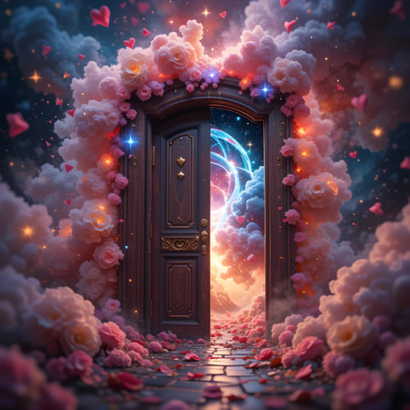 Mystical door with fantasy clouds and light. 3D renderingの素材