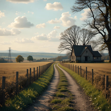 Countryside landscape with old farmhouse and road in the evening.の素材