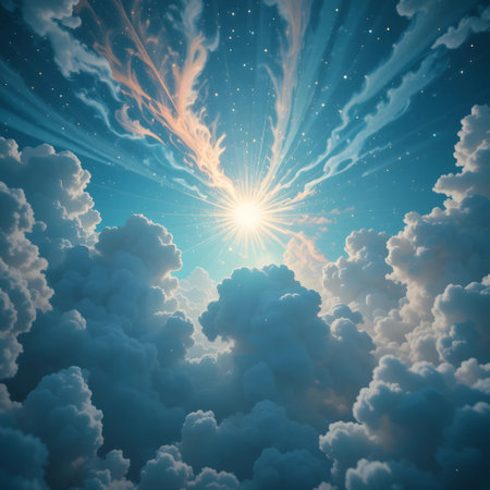 Sky background with clouds and sun rays. 3d render illustration.の素材