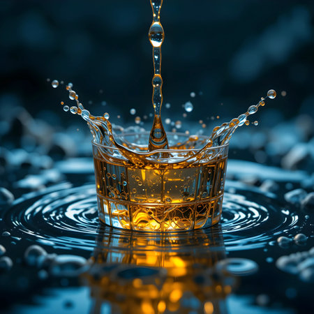 Whiskey splashing into a glass with water drops on a dark backgroundの素材
