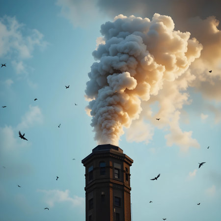 Industrial chimney with smoke and flying birds on blue sky backgroundの素材