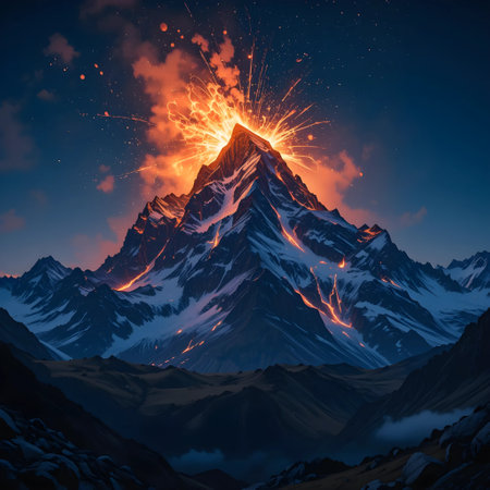 Fiery explosion over mountain peak. 3d rendering. Computer digital drawing.の素材