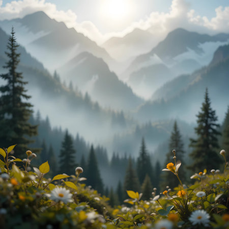 Mountain meadow in the morning fog. Beautiful summer landscape.の素材