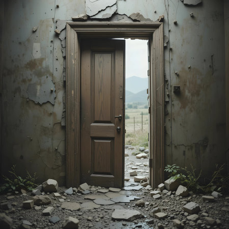 Wooden door in abandoned building. Conceptual image. Toned.の素材