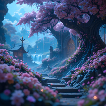 Beautiful spring landscape with blooming cherry trees. 3d renderingの素材