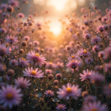 Chrysanthemum flower in the meadow at sunset.の素材