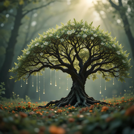 Beautiful fantasy tree in the forest. 3d render. Vintage style.の素材