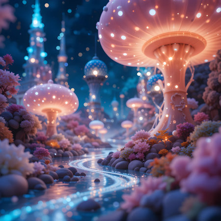 Fantasy landscape with lanterns and flowers. 3D illustration.の素材