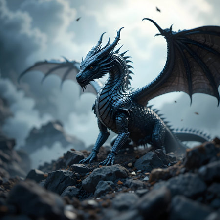 3D rendering of a fantasy dragon in a dark sky with cloudsの素材