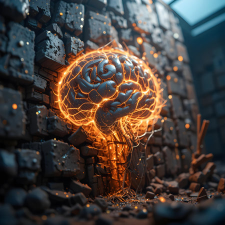 3d rendering of a human brain glowing in the dark inside of a brick wallの素材